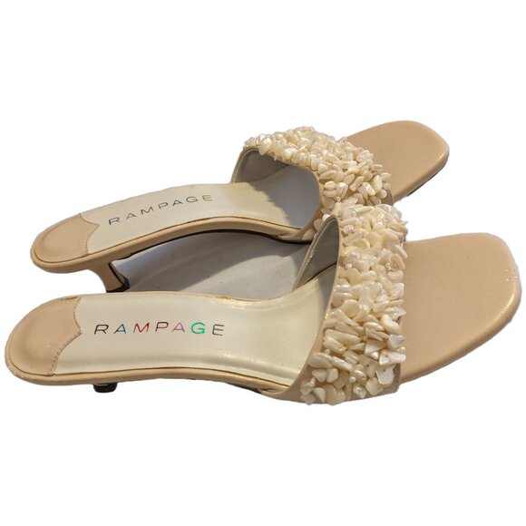 Vintage Y2K Rampage Beige Shell Beaded Kitten Heels Mules Y2K Party Glam Retro 9 - Picture 2 of 11